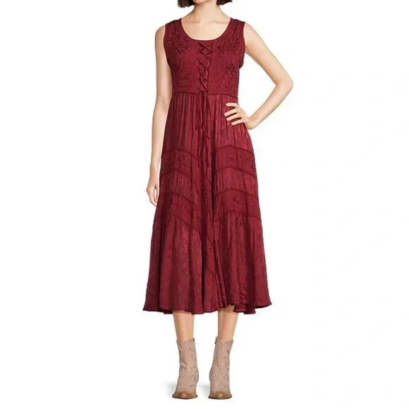 Scully Sleeveless Lace-Up Embroidered Floral Jacquard Tie Waist Midi Dress M - Picture 9 of 10